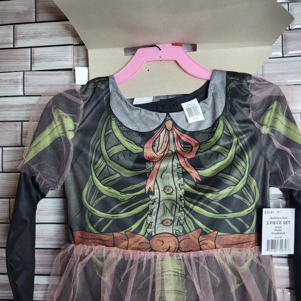 New Skeleton Doll Halloween Costume‎ Girl's Medium 7-8 Black Dress Up Outfit